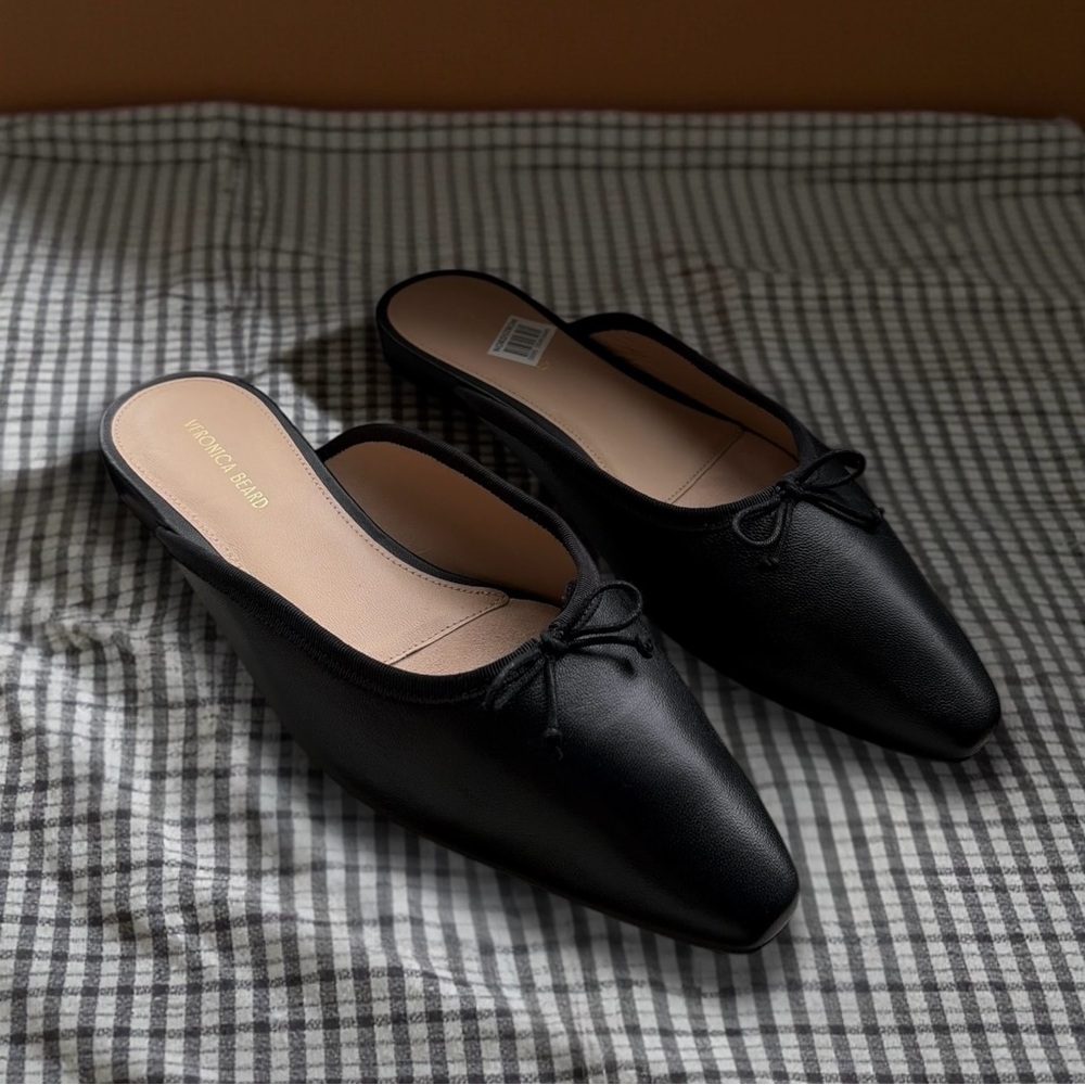 🎉SALE Veronica Beard Catherine Mule Leather Slip On Bow Flats Black